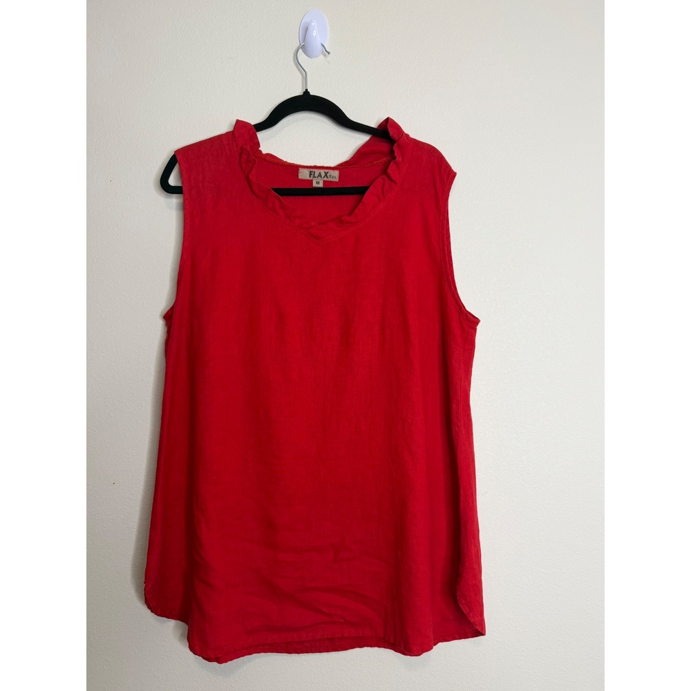 FLAX Red 100% Linen Ruffle V-Neck Sleeveless Tunic Mini Dress Lagenlook Sz M